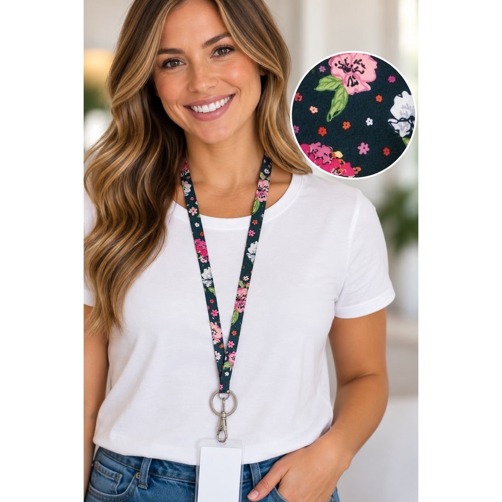 Vera Bradley Lanyard Hope Blooms Floral Gray Pink Cotton Neck Strap 28145-X55